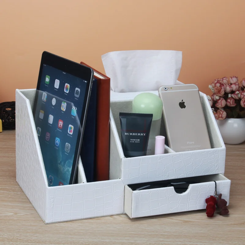 

Multifunctional PU leather tissue box wood drawer desktop books storage box big pumping paper box