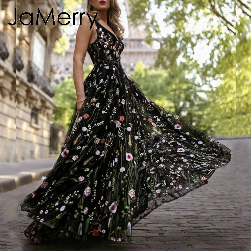 Женское Сетчатое платье JaMerry длинное с цветочной вышивкой и открытой спиной в