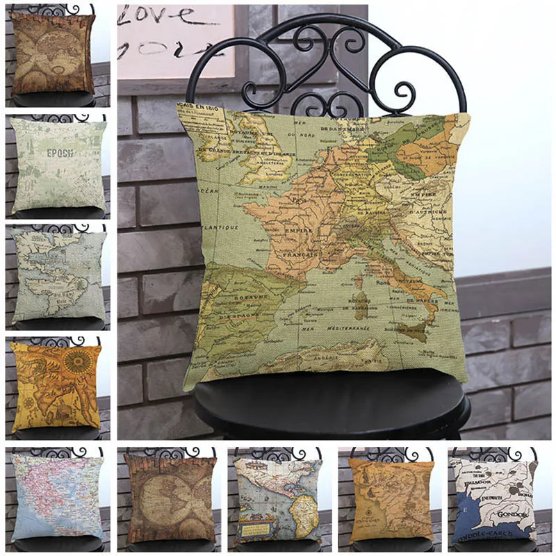 Чехол наволочка в винтажном стиле с изображением морской карты мира 45 х45 см|cushion
