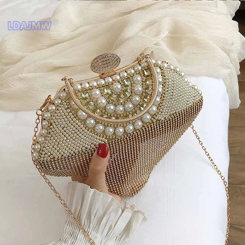 Newest tassel crystal women bag luxury imitation pearl evening bags wedding beaded day clutches small purse bag