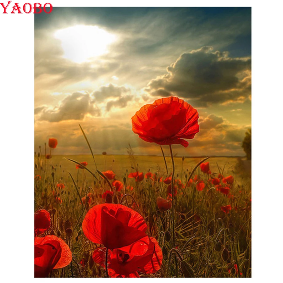 

Full Square Drill 5D DIY Diamond Painting Red poppy flowers 3D Embroidery beaded Cross Stitch Mosaic painting Home Decoration