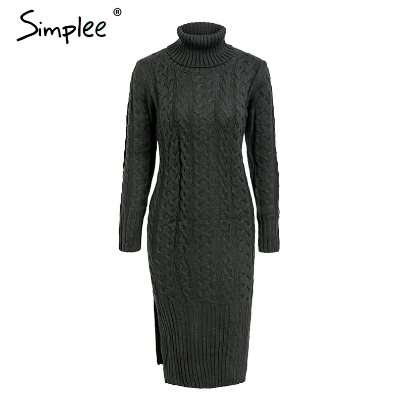 Dark Grey Женское платье-свитер Simplee на осень-зиму, элегантное теплое платье-водолазка с разрезами и длинным рукавом, несколько цветов - Цвет: Dark Grey