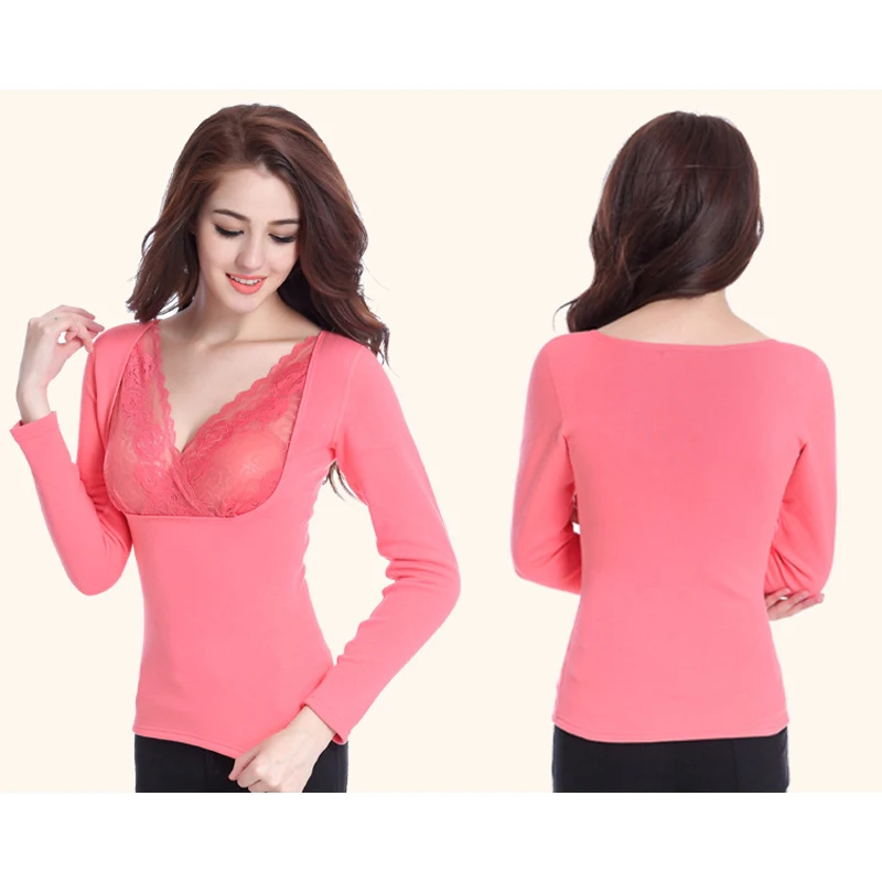 Женщины Термобелье Топы Кружева V-образным Вырезом Толстые Тепловые Одежда