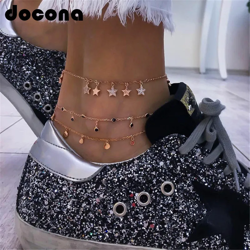 Docona ножные браслеты золотого цвета с кристаллами и черными бусинами для женщин