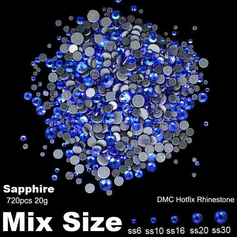 DMC Горячая фиксация Кристалл Стразы сапфир смешанные размеры SS6 SS10 SS16 SS20 SS30 720 шт