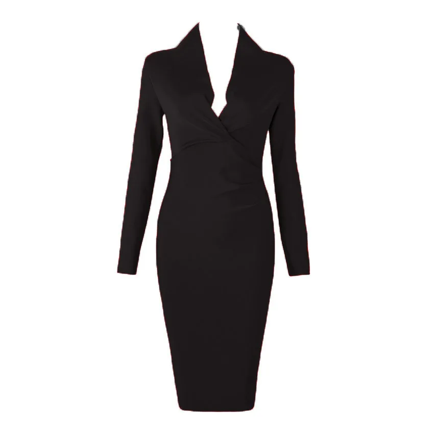 Новое сексуальное платье с длинным рукавом женское платье Глубокий V Bodycon Бандажное платье элегантное вечернее платье знаменитостей Vestidos - Цвет: Черный