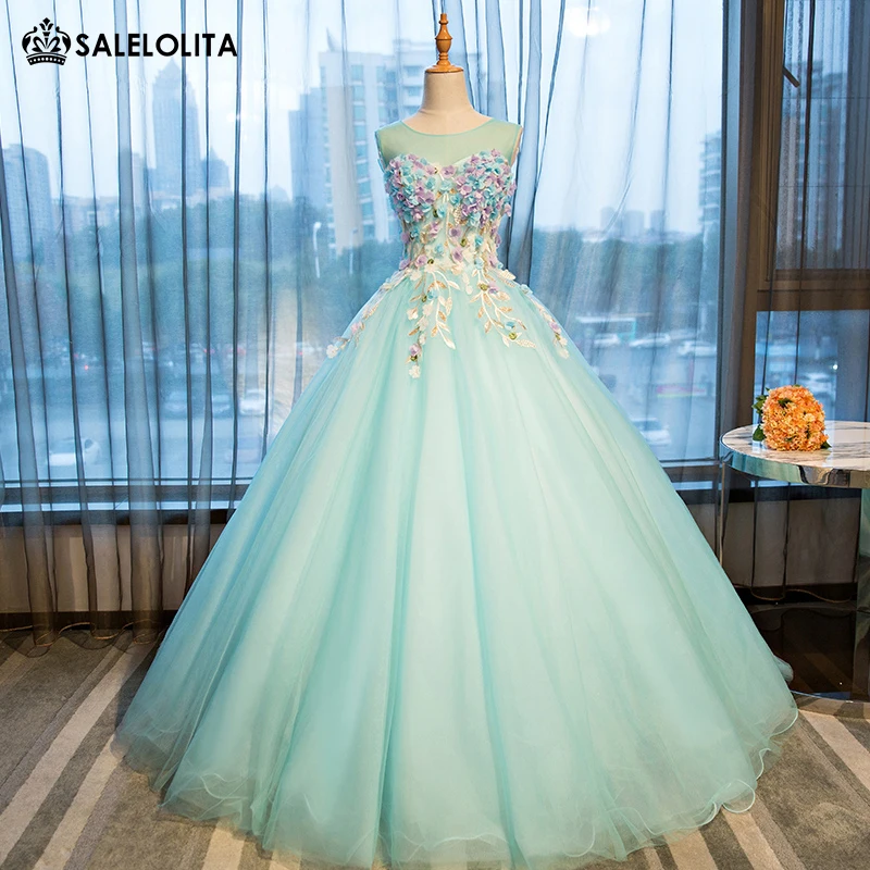 2017 Gorgeous Light Green Flowers Applique Pageant Party Dress Women Sleeveless Floor Length Ball Gown vestidos de festa Женская