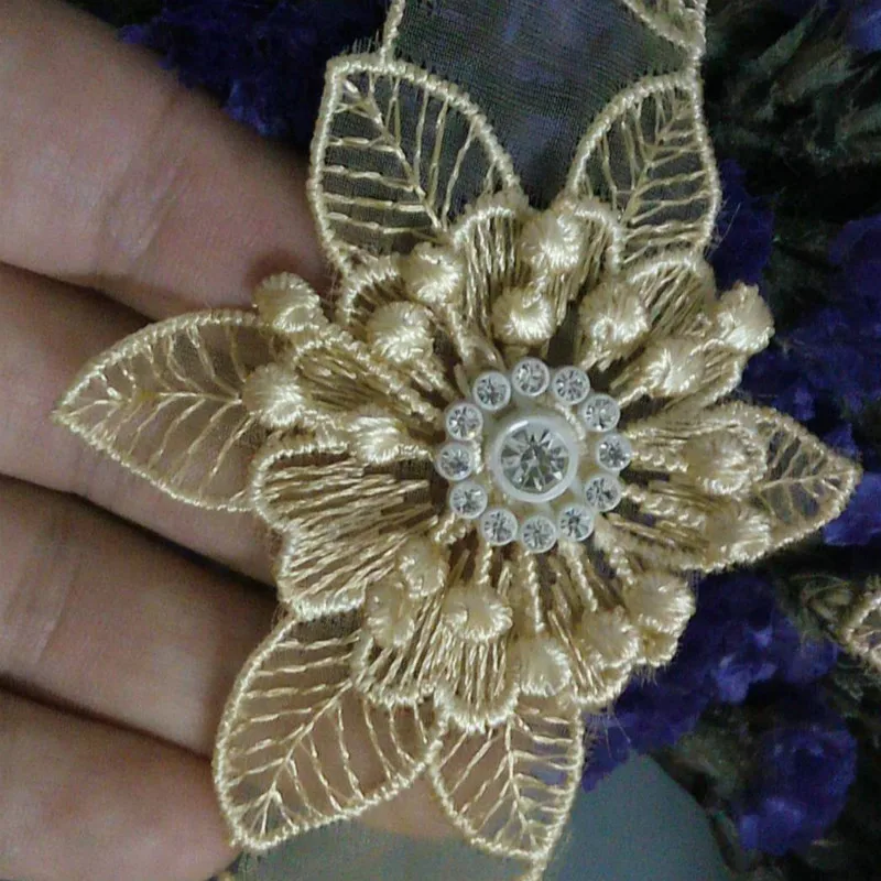 10 шт. Золотая 6 5x6 5 см 3D хлопковая жемчужная Цветочная вышитая кружевная отделка