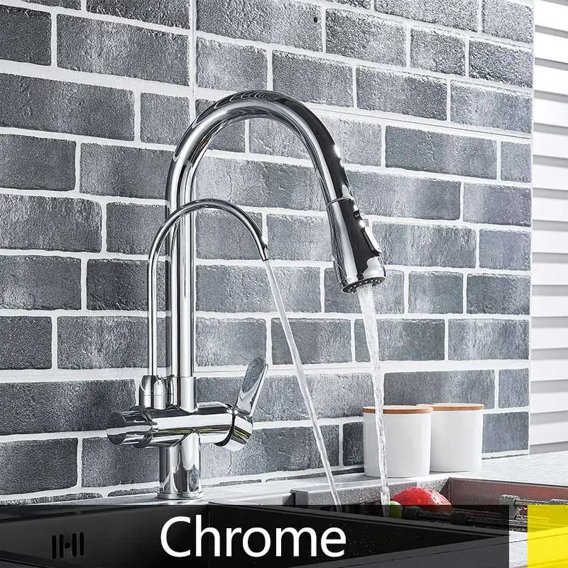 chrome Хром/Матовый никель/черный смеситель для кухонной раковины очищенная вода 3 способа смеситель горячей и холодной воды Наполнитель кран двойная ручка выдвижной кран - Цвет: chrome