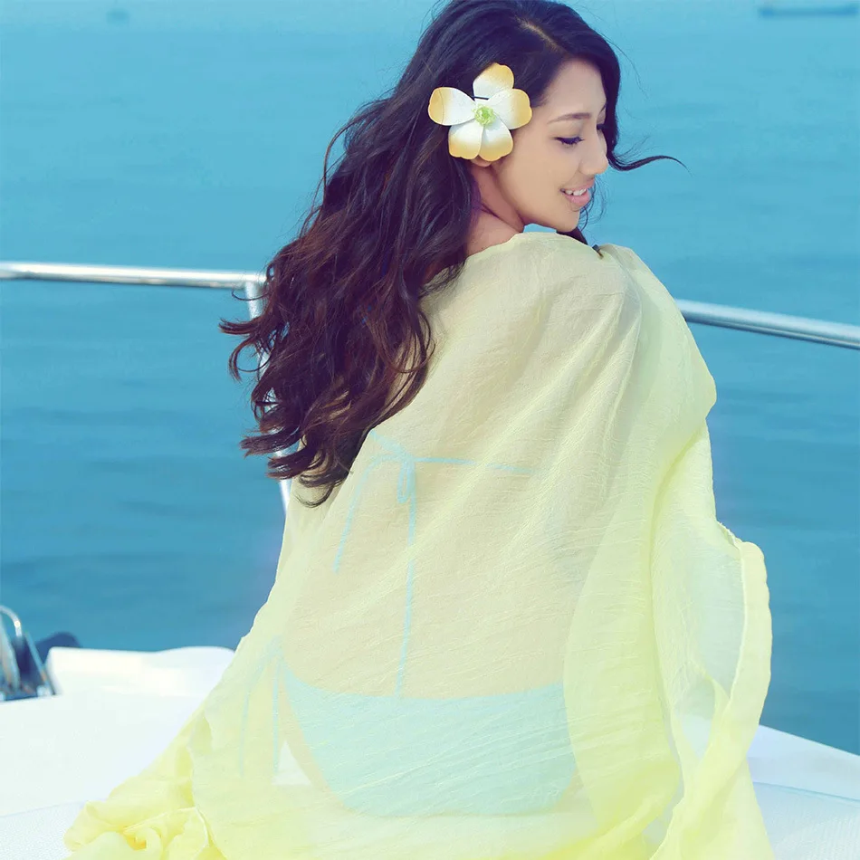 Женский пляжный шарф летний однотонный шелковый шифоновый большого размера