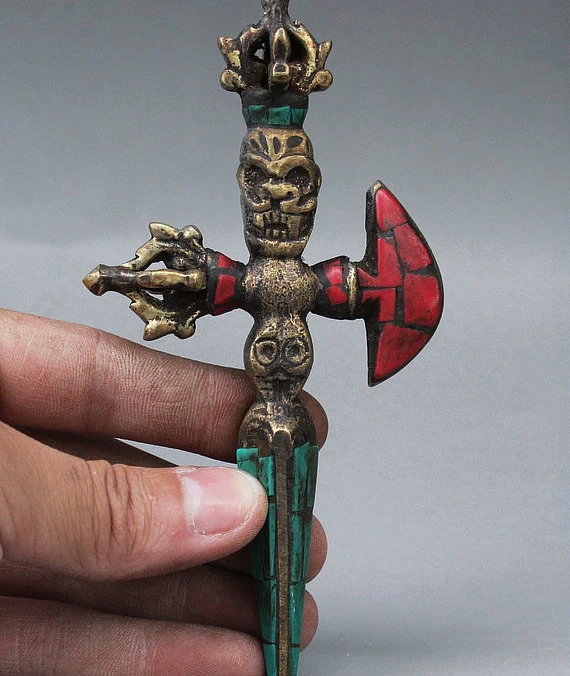 SCY Buddhism Bronze Inlay Turquoise Dorje Buddha Statue Phurba Dagger Holderal | Дом и сад