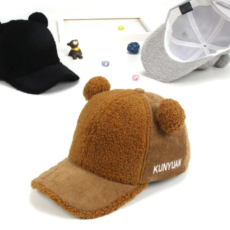 3-8Y Winter Boys Girls Letter Print Baseball Cap Children Casual Hip Hop Sun Plush Caps Ball Warm Bear Parent-Child | Детская одежда и