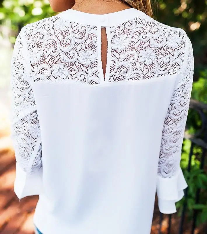 Белая Повседневная Блузка с кружевом летняя однотонная женская блузка рукавом