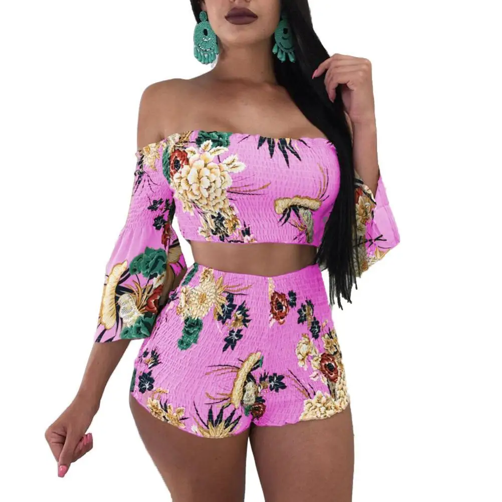 

2Pcs/Set Fashion Summer Women Flower Print Pleated Sexy Off Shoulder Backless Half Sleeve Crop Top Shorts Streetwear Clothes Set