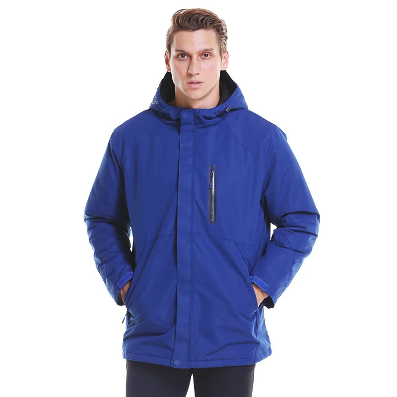 Men Blue Мужская, женская, USB, с подогревом, с длинным рукавом, пальто для улицы, с подогревом, куртка с капюшоном, теплая, зимняя, термальная, для катания на лыжах, софтшелл, водонепроницаемая куртка - Цвет: Men Blue