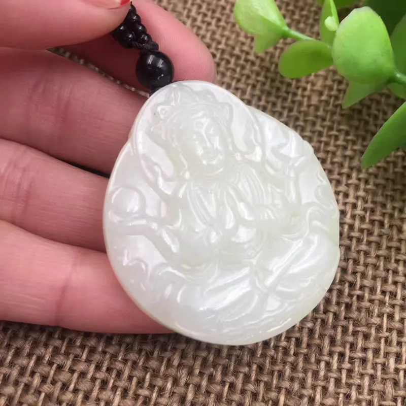 Натуральный Синьцзян Хэтянь нефрит белая рука Гуаньинь подвеска 38*42 мм
