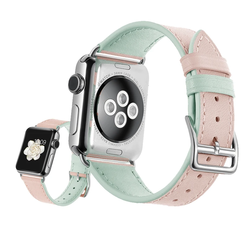 

Genuine Leather bracelet strap for apple watch band 42mm 38mm 4 44mm 40mm double colors watchband for iwatch 5/6/4/SE/3/2/1