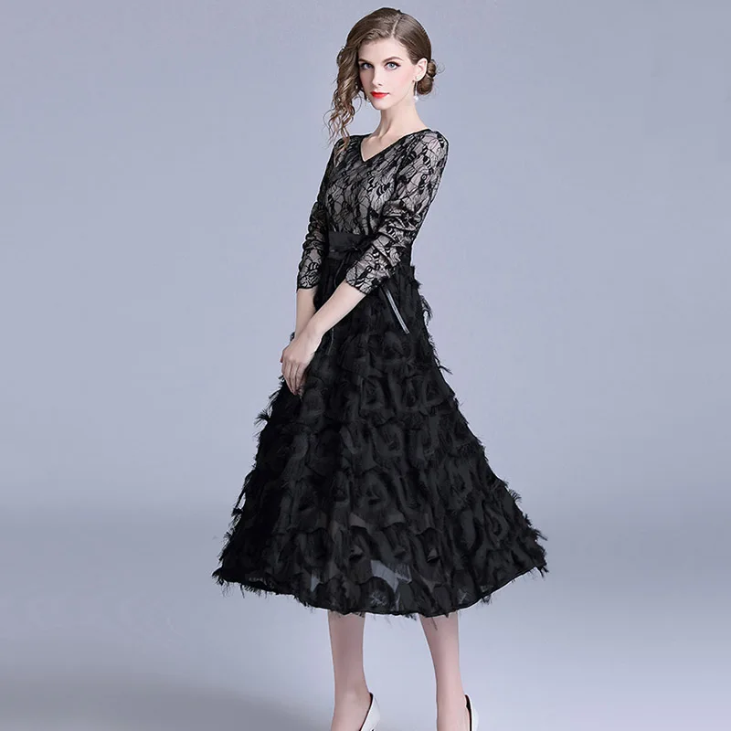 Осеннее женское платье Bonnie Thea элегантное черное кружевное миди для офиса и