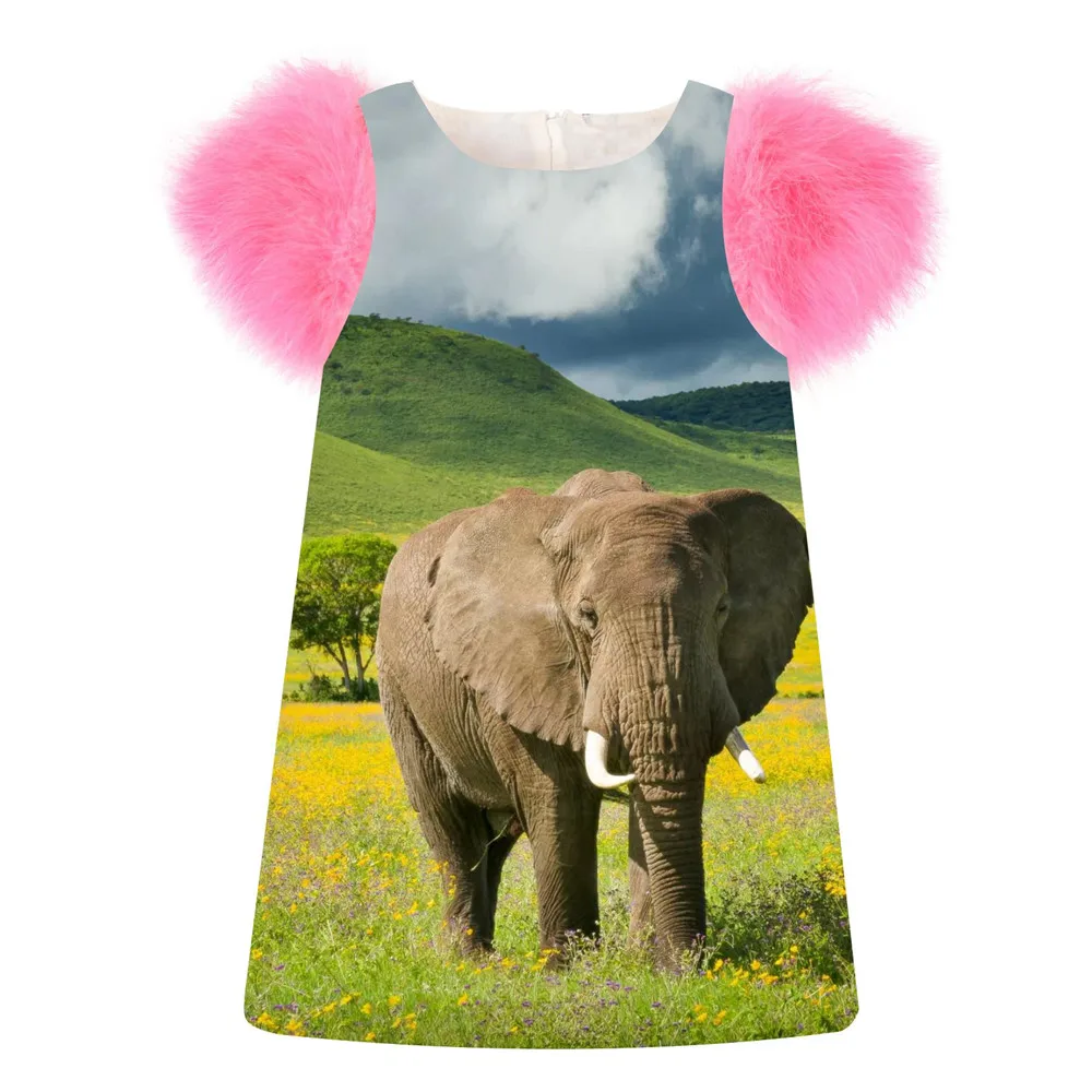 Одежда для детей платье девочек с модным принтом слона весенне-осеннее рукавами
