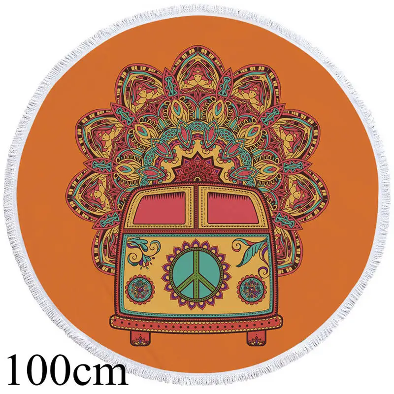 001 Towel 100cm Постельное белье Outlet Мандала Круглый пляжное полотенце женщина Toalla кисточкой одеяло Хиппи Винтаж автомобиль печатных микрофибра банное полотенце гобелен - Цвет: 001 Towel 100cm