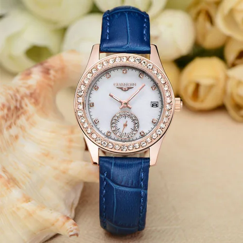 blue B GUANQIN роскошный бренд relogio feminino кварцевые часы женские светящиеся водонепроницаемые Модные ультратонкие кожаные женские часы с ремешком - Цвет: blue B