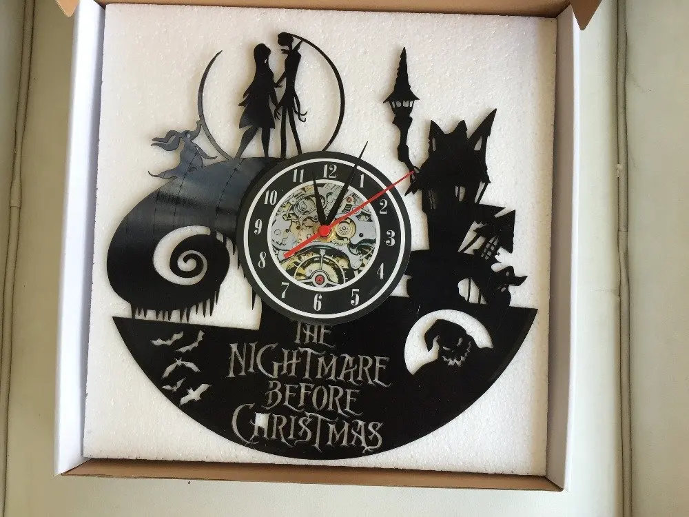 Lovinland Wall Clock Vintage 30cm 12 inch Jack and Sally Nightmare Before Christmas Vinyl Record CD 3D Antique | Дом и сад