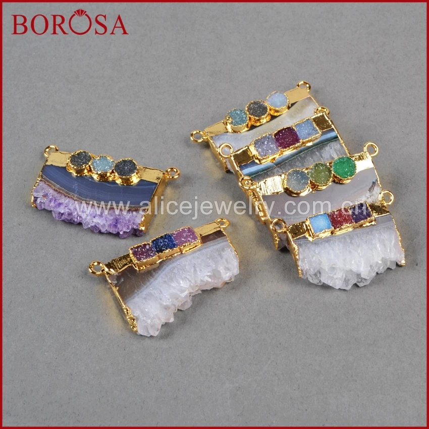 BOROSA 1 шт. золотой цвет друза аметиста ломтик и три радужные друзы Geode Разъем Кулон