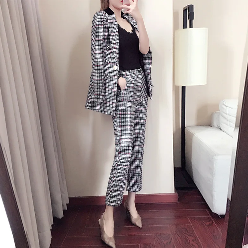 New 2019 Womens Two Piece Sets Tweed Set Lattice Outfit Plus Size Korean Version of Temperament Slim Thin Suit | Женская одежда