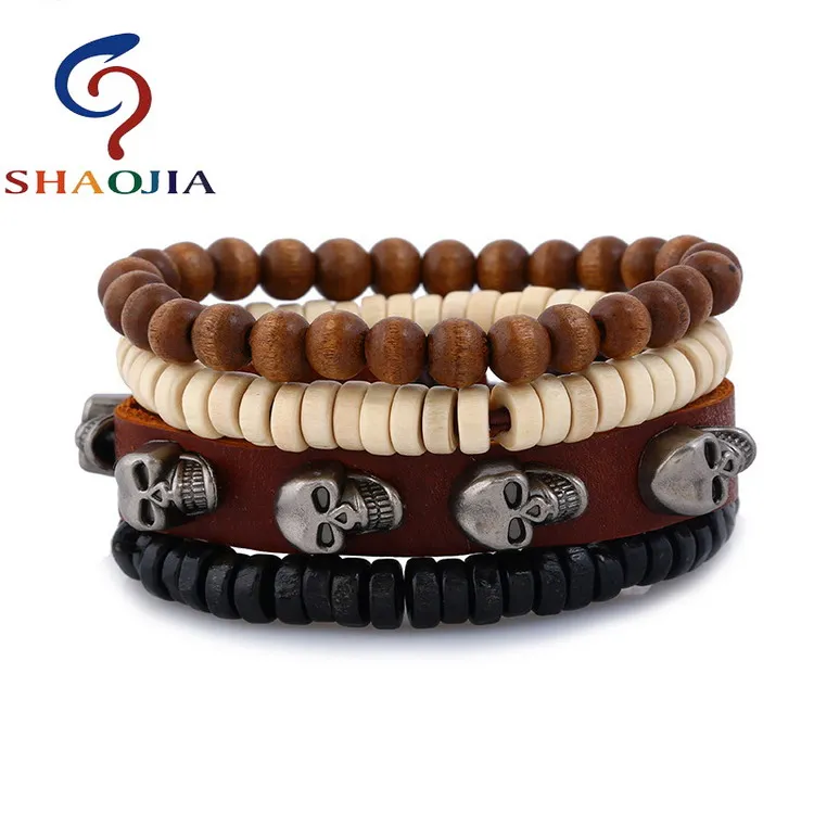 TZ088 SHAOJIA 4 шт./компл. панк Винтаж дерево из бисера Making браслет из бисера цинковый сплав кожа Обёрточная бумага Браслеты для Для женщин Для мужчин Геометрическая ювелирные изделия - Окраска металла: TZ088