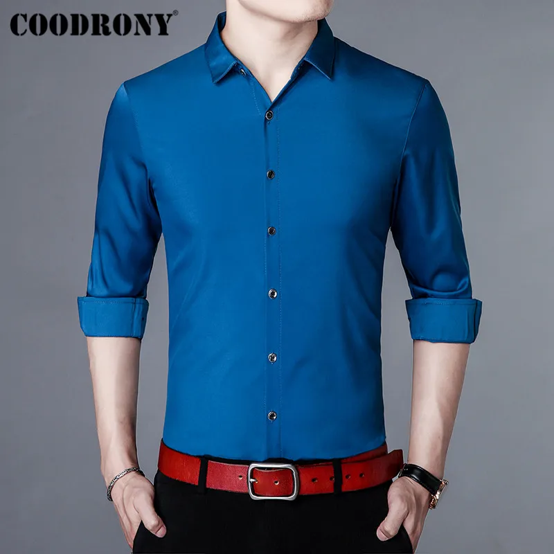 Синий COODRONY, брендовая мужская рубашка, осень, Новое поступление, повседневные рубашки с длинным рукавом, хлопковая рубашка, Мужская Уличная одежда размера плюс, деловая одежда 96009 - Цвет: Синий