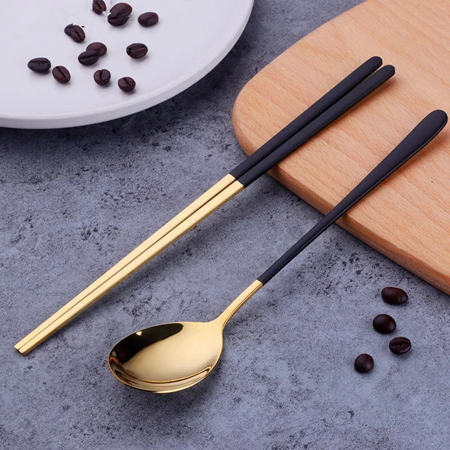 Black Gold-1 Pair 2 шт. плоские палочки ложка набор экологичный Нержавеющая сталь суши длинной ручкой Нескользящие палками покрытие Еда ложка комплект Инструменты - Цвет: Black Gold-1 Pair