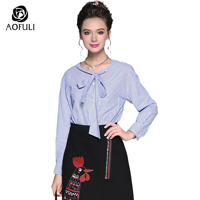 AOFULI L 5XL синяя полосатая блузка рубашка Брендовые повседневные топы с длинными