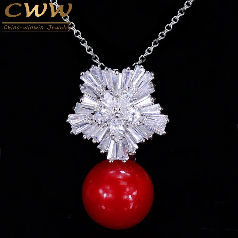 CWWZircons модный бренд серебряный цвет элегантный женский большой белый жемчужный кулон ожерелье с кубическим цирконием ювелирные изделия CP050 - Окраска металла: red