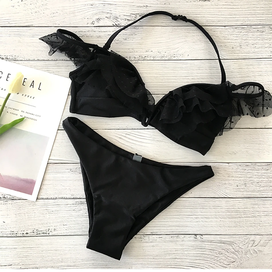 

Sexy Black Lace Ruffle Bandeau Bikini Set Padded Thong Biquini Swimwear Women's Swimming Suit Strap Swimsuit Summer Beachwear