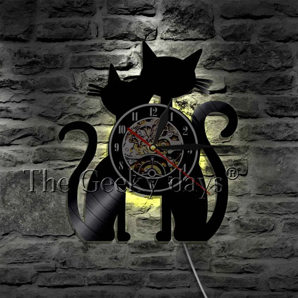 Couple Cats Vinyl Record Wall Clock Modern Design Kitty Animal 3D Watch Peeping Cat Unique Gift For Pet Lover | Дом и сад