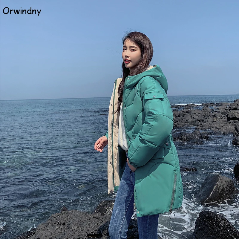 Orwindny/зимнее пальто для женщин; коллекция года; Узкие студенческие парки средней длины для девочек; плотная теплая одежда с капюшоном; Женская куртка с хлопковой подкладкой