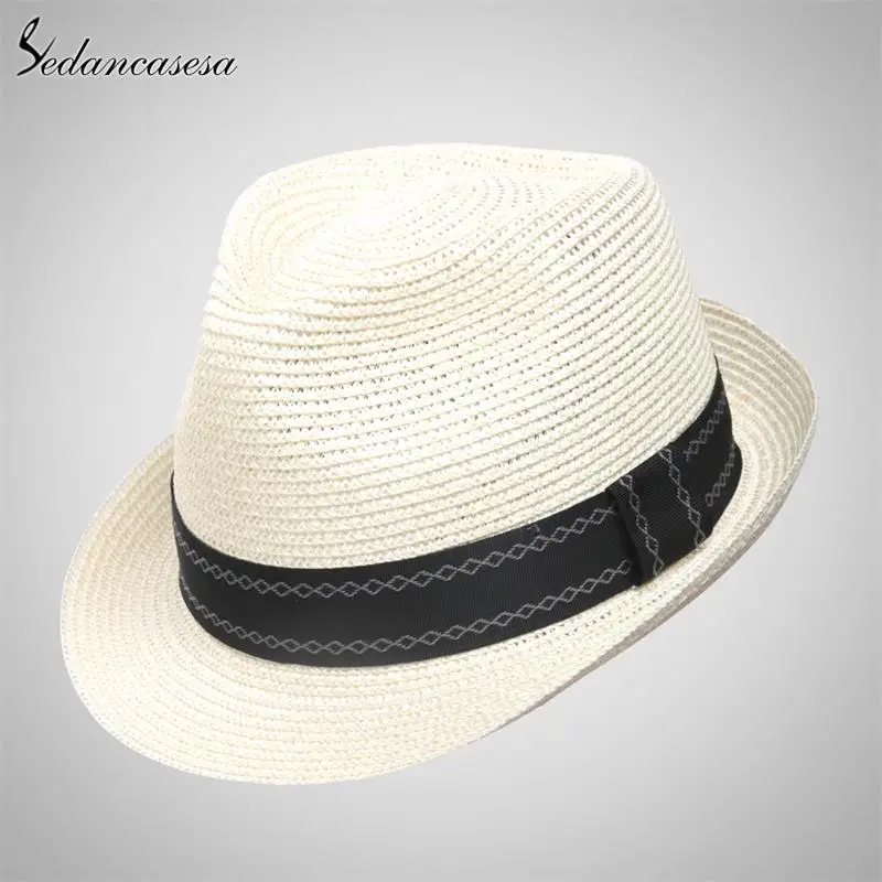 Ivory 57cm Sedancasesa новая фетровая шляпа, соломенная шляпа для мужчин, Пляжная летняя Солнцезащитная шляпа, соломенная шляпа с лентой, повседневный стиль SM008081 - Цвет: Ivory 57cm