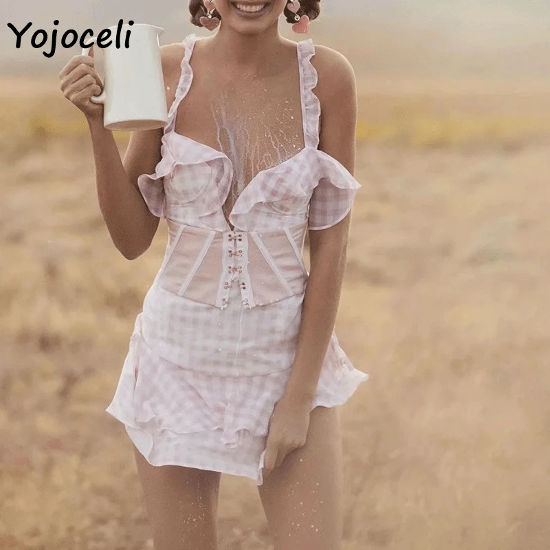 Yojoceli сексуальное клетчатое платье с оборками женское v образным вырезом богемный