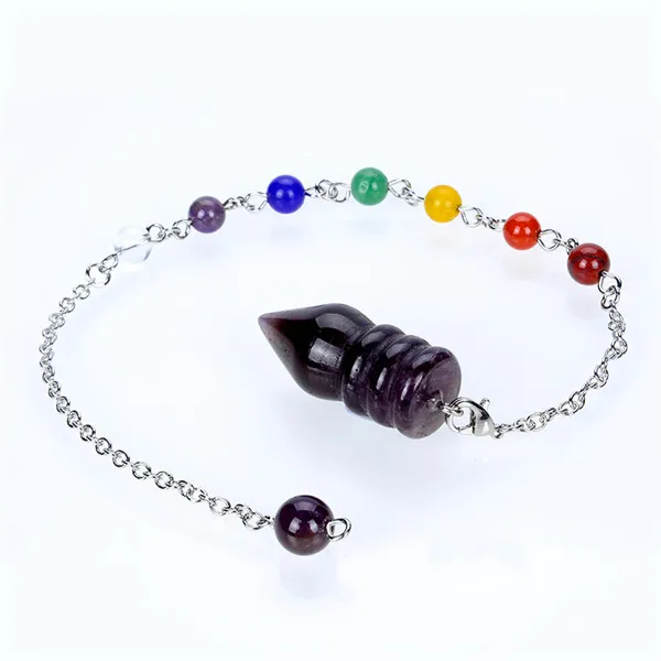 Amethysts Reiki 7 Чакра исцеляющая натуральная подвеска в виде каменного маятника для Wicca радиестезии дюбационная цепь тигровый глаз кристалл кулон маятник - Окраска металла: Amethysts