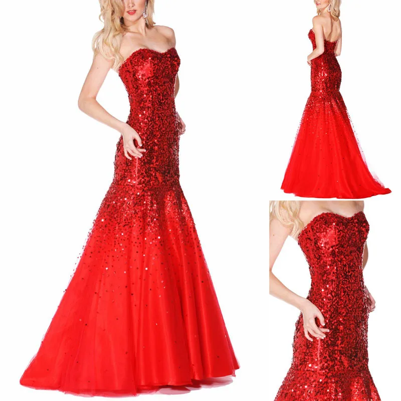 Роскошные блестками дизайн длинное вечернее dress2016 новый sexy милая шеи красный