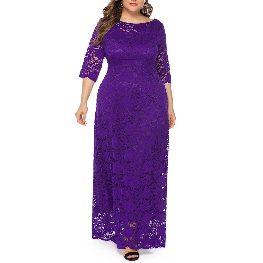 Purple Iris Wipalo размера плюс 6XL женское торжественное платье с круглым вырезом и рукавами три четверти, элегантное однотонное кружевное вечернее платье vestidos Robe Femme - Цвет: Purple Iris