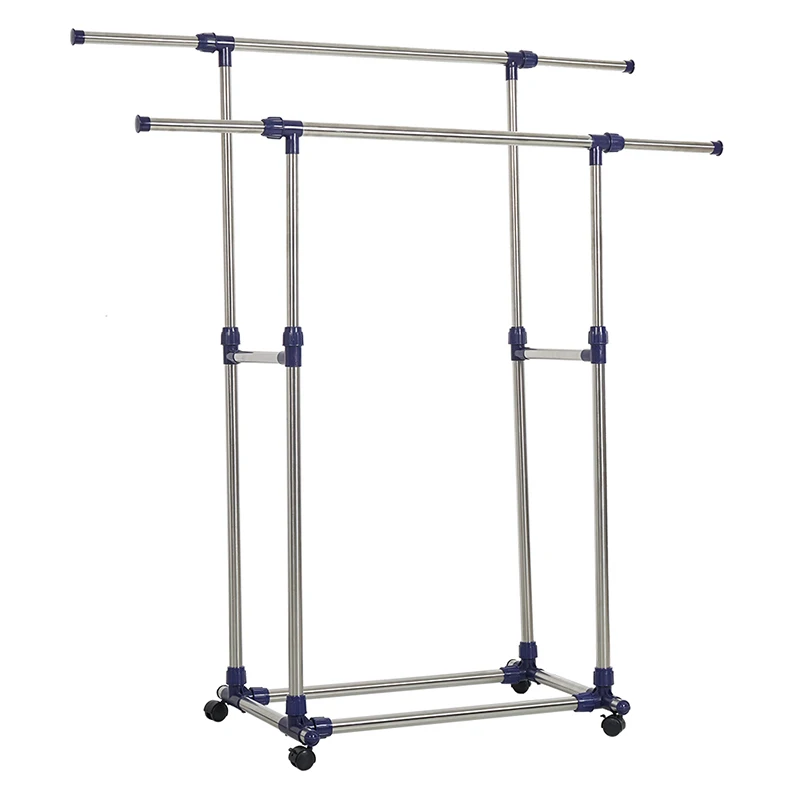 

Stainless Steel Portable Double Rod Rolling Adjustable Clothing Rack