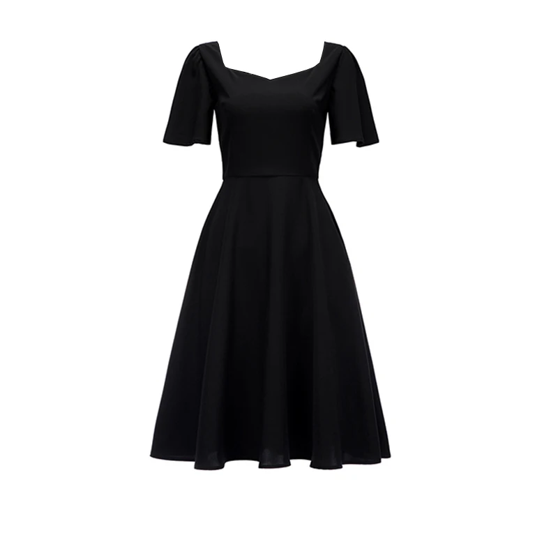 

PERHAPS U Black Solid Square Collar Empire Short Sleeve Midi Dress Fit And Flare Vintage Summer D0508