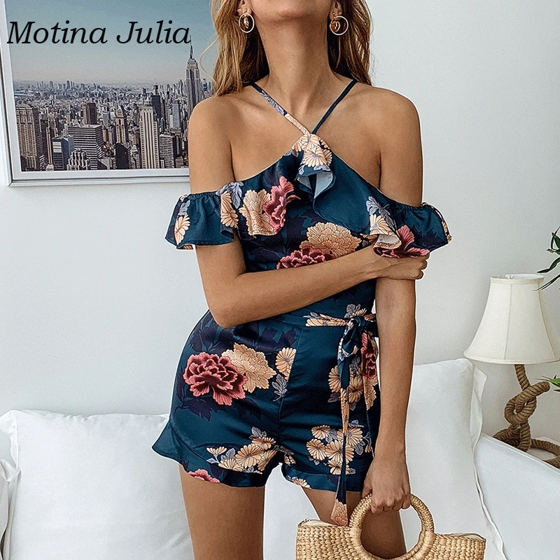 Женский комбинезон с лямкой на шее Motina Julia короткий пляжный принтом и бантом
