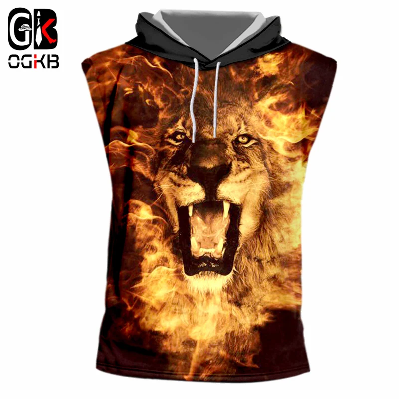 

OGKB 2018 Summer Cool Vest With Hat Print Flame Lion 3D Hooded Tank Top Women/men Bodybuilding Fitness Sleeveless Pullovers 7XL