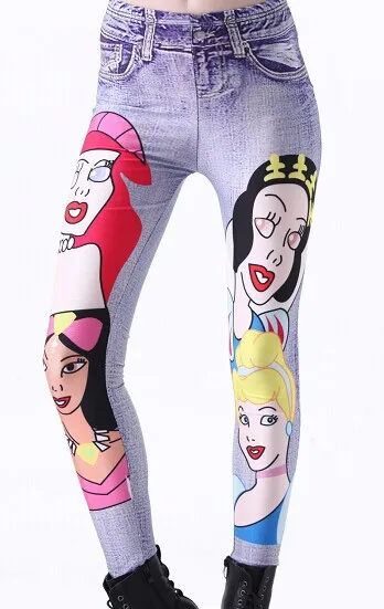 

Fashion Women Snow White on Jeans Pattern Leggings Slim Fit Thin Elastic Polyester Cos Party Pants Casual Trousers Drop Shipping