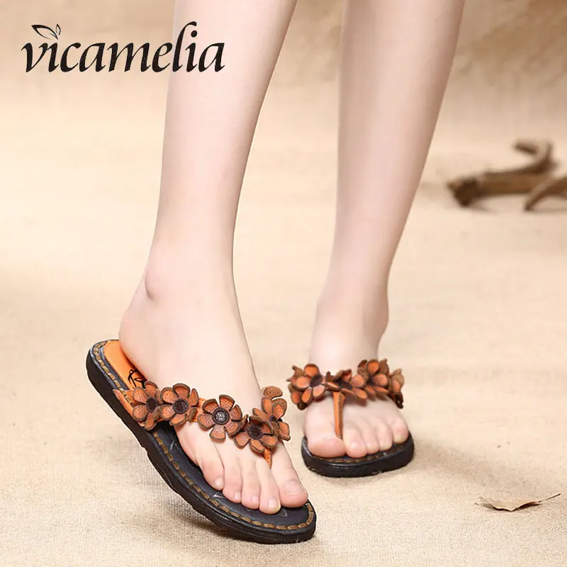 2019 Summer Newest Beach With Flower Flip Flops Genuine Leather Casual Women Slippers Ladies Outdoor Flat Shoes Handmade 321 | Обувь