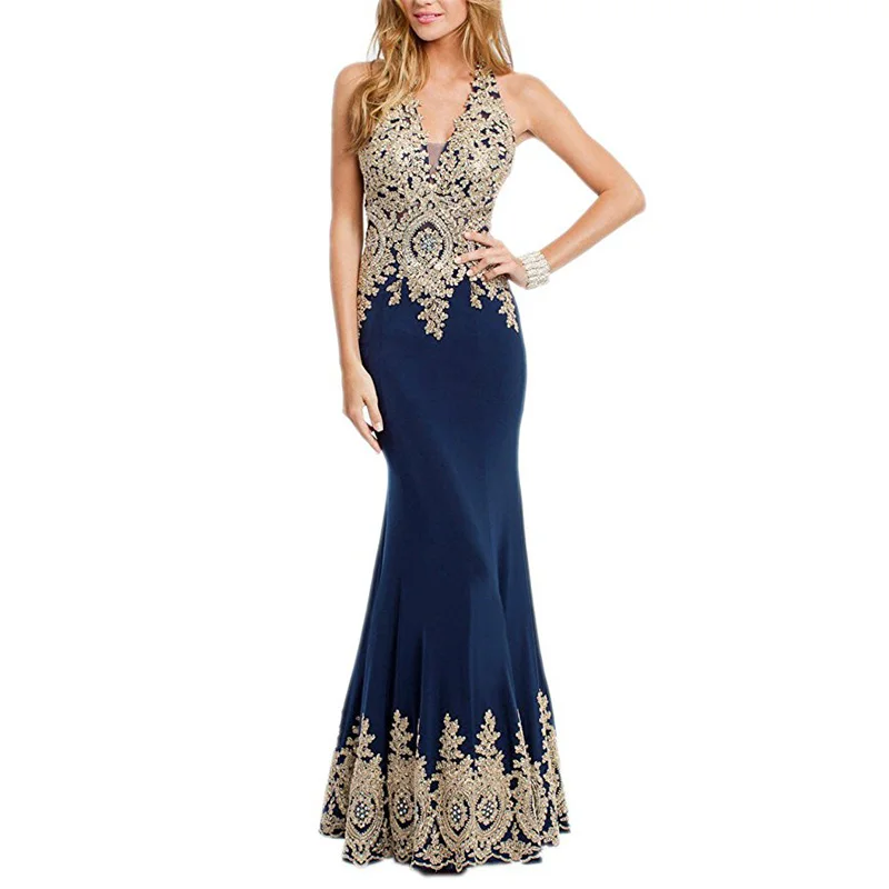 

Sexy Mermaid Evening Dresses Halter Neck Gold Appliques Long Formal Party Dresses Navy Blue vestidos vestidos de festa 2019 New