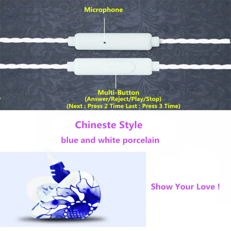 CHICLITS In-ear Earphones 3.5mm Stereo Music Universal Earplugs Blue and White Porcelain Wired Earbus For Computer Mobile Phone |
