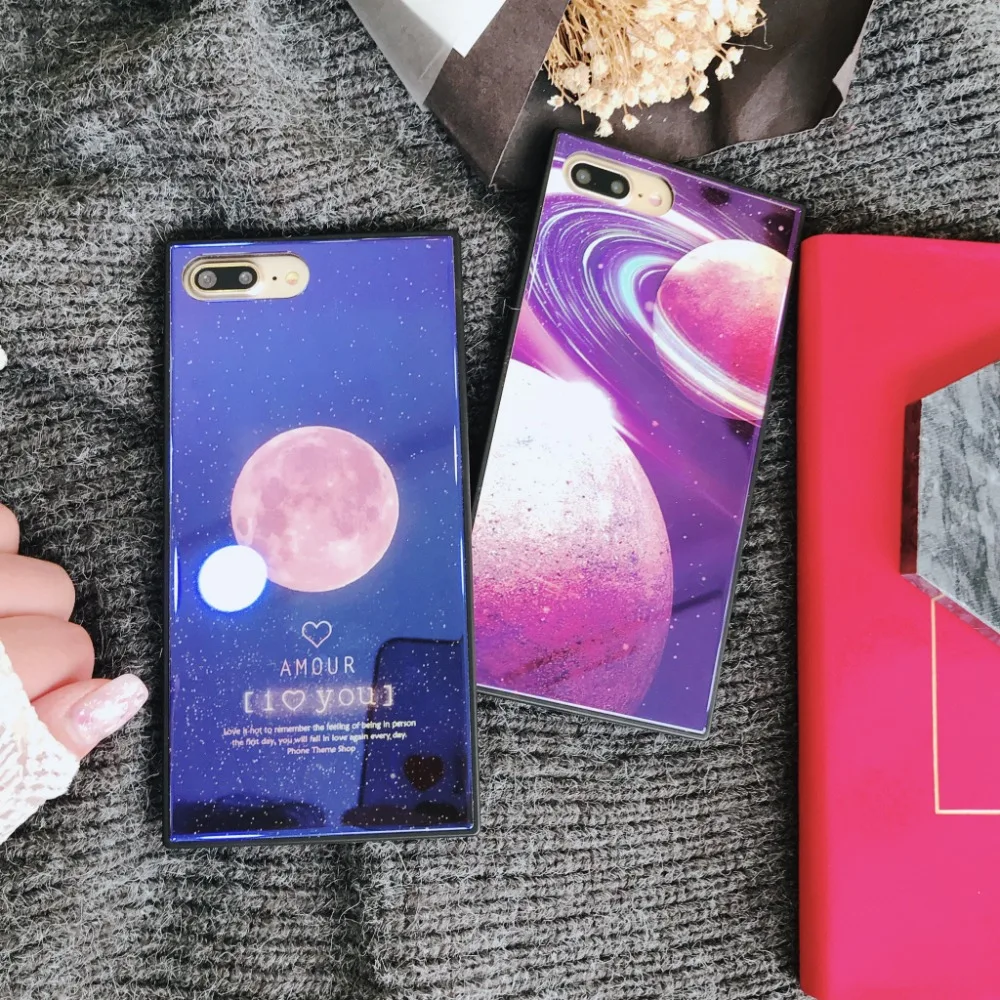 ZMASI Tempered Glass Cell Case for iPhone X 6 6s Blue-ray The Earth Moon Square Phone Shell 7 8 Plus Back Cover |